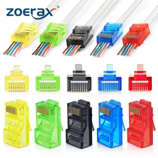 50 מחברי RJ45 Cat6 מעבר, צבעים מגוונים, תקע מודולרי קל ליציקה לכבל רשת UTP קשיח או גמיש