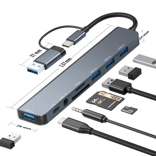 Hub USB C עם USB 3.0, עם 1 USB 3.0, 3 USB 2.0 ו-1 USB C, קורא כרטיסי SDTF, יציאות 3.5 ממ