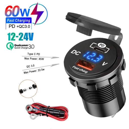 מטען לרכב PD QC3.0 60W עם מד מתח