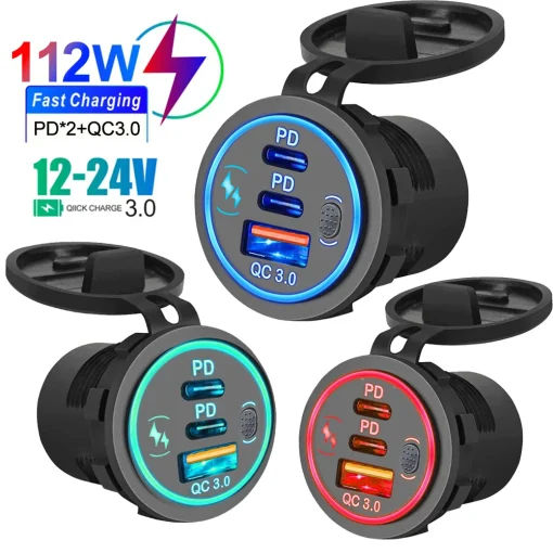 מטען רכב כפול כניסות USB מהיר בטכנולוגיית PD 3.0 QC 3.0, עמיד במים עם מתג מגע LED