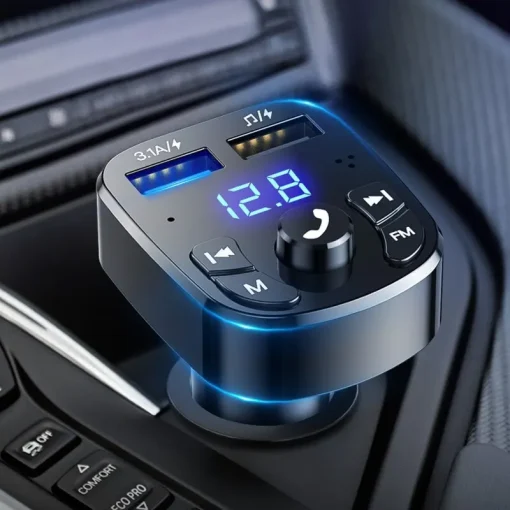 מערכת רכב MP3 עם שני שערי טעינה מהירים USB, מקלט Bluetooth FM, משדר FM תואם Bluetooth 5.0, זיכרון נייד USB.