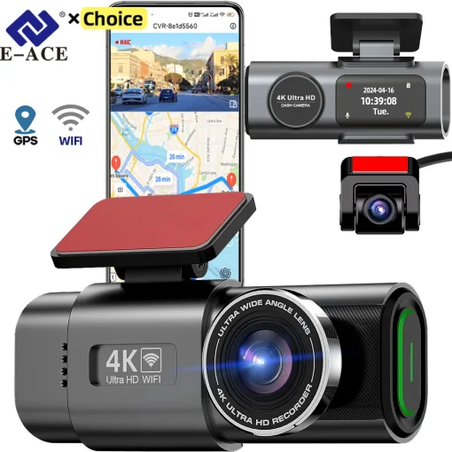 מצלמת דאשבורד 4K GPS WIFI אפליקציה ראיית לילה 24 שעות 2 עדשות שחורה