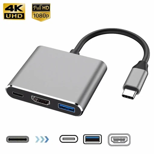 מרכזת USB-C 3 ב-1 USB זכר לנקבה בגודל HDMI תואם 4k