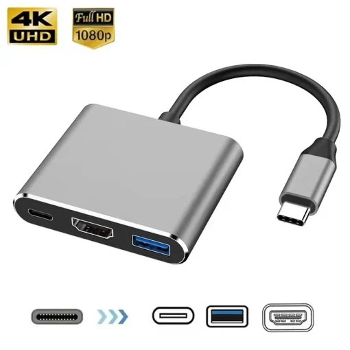 מתאם 3 ב-1 מסוג USB-C לחיבור USB, HDMI תואם 4K ו-USB 3.1 מסוג C ל-USB 3.0, למחשב מאק 12