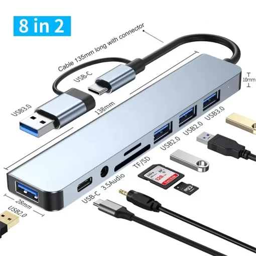 רכזת USB 8 ב-2 עם קורא כרטיסים לביזור, יציאת USB C, USB 3.0 2.0, קורא כרטיסים לביזור SDTF, תחנת עגינה