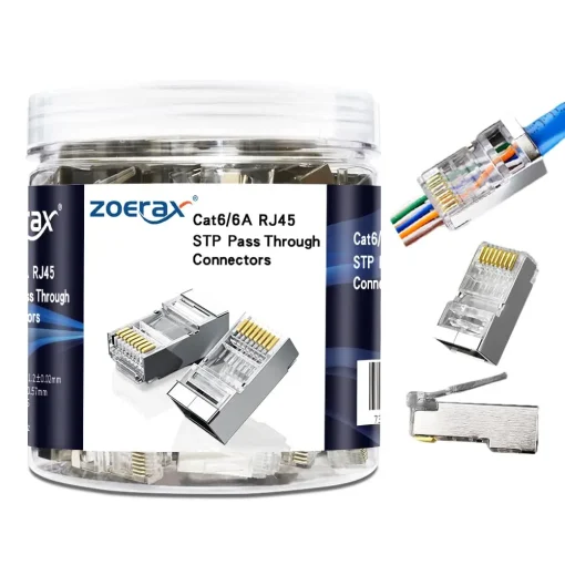 ZoeRax של 100 מחברי מעבר RJ45 CAT5 CAT6 מצופים - שקעי רשת 8P8C 3 שיניים מצופים זהב בקצה 1.1 ממ