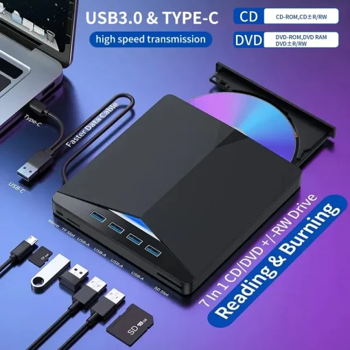 כונן DVD אופטי חיצוני 7 ב-1 USB 3.0 Type C