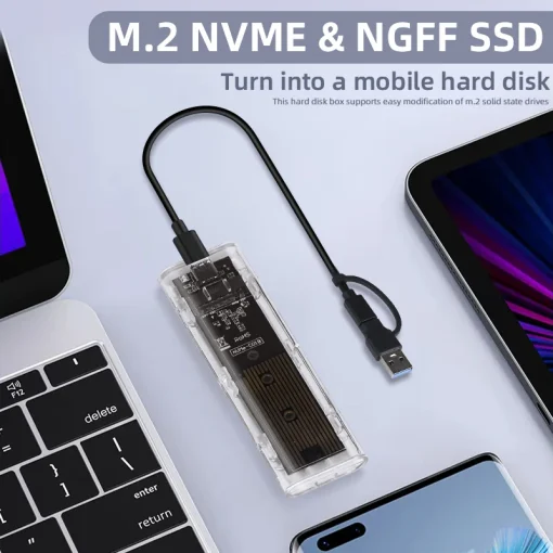 מאגר אחסון SSD שקוף מסוג M.2 NVMe PCIe NGFF SATA פרוטוקול כפול ב-USB Type C 10Gbps