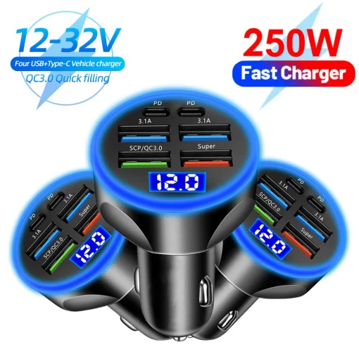 מטען רכב מהיר 250W 6 יציאות PD QC3.0 USB C