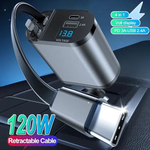 מטען רכב נשלף 4 ב-1 120W עם כבל USB C