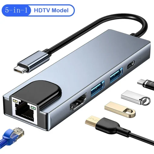 מתאם Hub 5 ב-1 Usb Type-C ל-HDTV 4k עם קורא כרטיסים Sd Tf, 100M Rj45, טעינה מהירה של Pd עבור מחשב נייד ומחשב נייד של Macbook