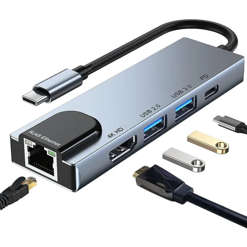 מתאם USB C 4K HDMI 5 ב-1 עם יציאת אתרנט