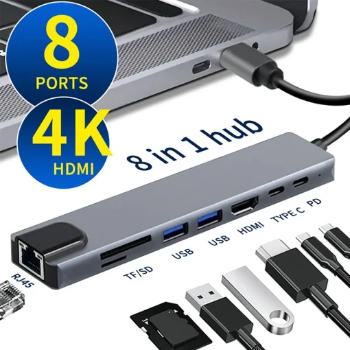 מתאם USB C Hub 8 ב-1 Type C 3.1 ל-HDMI 4K עם קורא כרטיסים SDTF RJ45 טעינה מהירה PD למחשב נייד