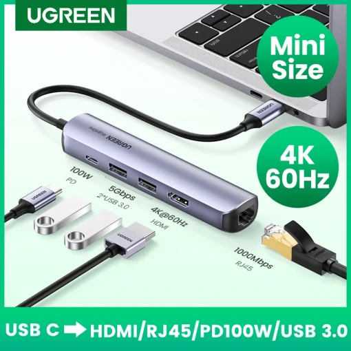 מתאם USB C של UGREEN כניסת טייפ C 3.1, יציאת HDMI RJ45 USB 3.0