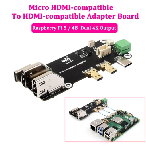 מתאם לוח HDMI מותאם ל-Micro HDMI בעל שתי שיטות אספקת חשמל, פלט 4K כפול עבור Raspberry Pi 5 4B