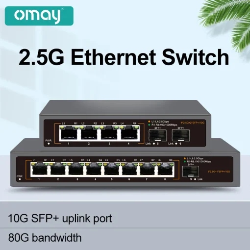 מתג רשת OMAY 2.5GbE 4 יציאות 2.5G RJ45 עם 2 יציאות 10G SFP+ חיבור ושכח ללא מאוורר שולחניהתקנה על הקיר