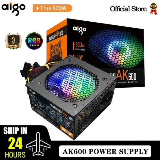 ספק כוח Aigo AK 600W ל-PC, מאוורר RGB שקט 120 ממ