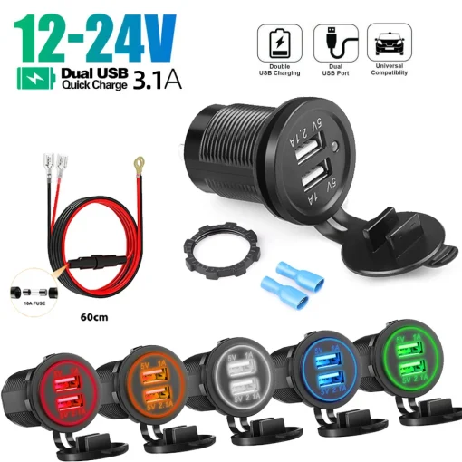 שקע מטען לרכב USB כפול 5V 3.1A 12V עם פאנל עמיד למים