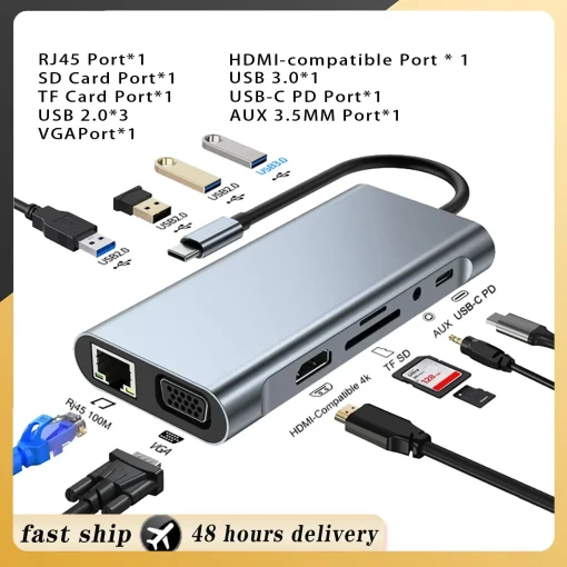 תחנת עגינה מסוג USB C HUB Type C מפלג ל-HDMI 4K מתאם מחשב נייד עם PD SD TF RJ45 עבור Macbook Air M1 iPad Pro